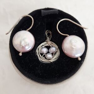 Silver Pearl Earrings & Pendant